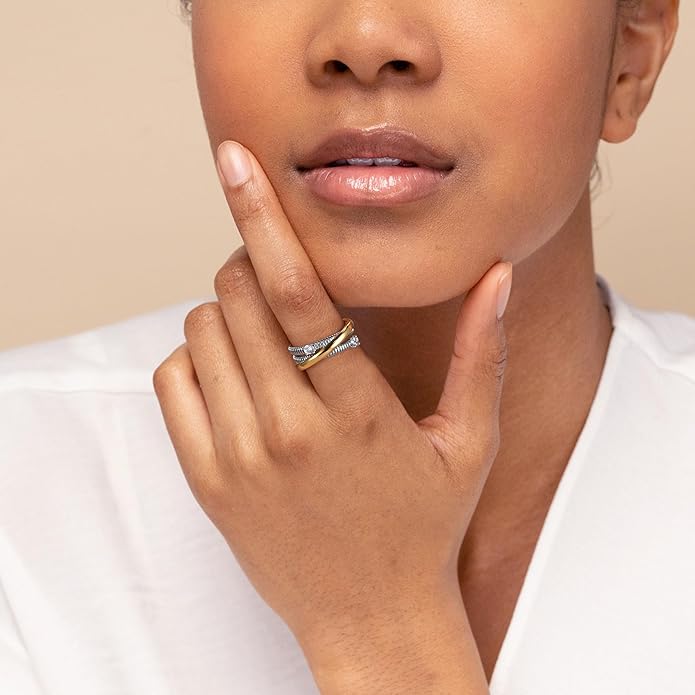 Two-Tone Wide Statement Ring for Women - Gold Silver Crossover Band with Ribbed Texture - Modern Fashion Jewelry Cocktail Ring - Mixed Metal Layered Design