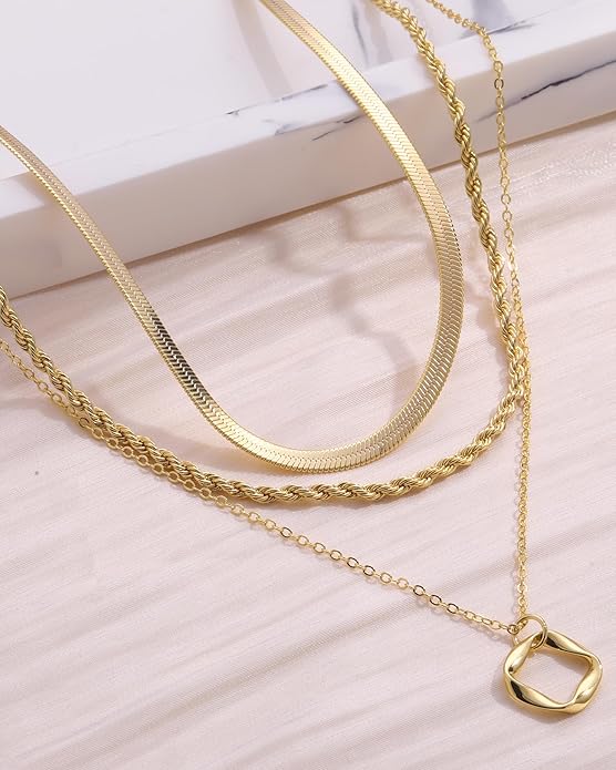 Layered Gold Silver Necklace for Women Non Tarnish,Dainty Choker Statement Chunky Necklace Stack Charm Pendant Chain Necklace Set 14K Gold Plated Long Stacked Womens Necklaces Trendy Jewelry Gift