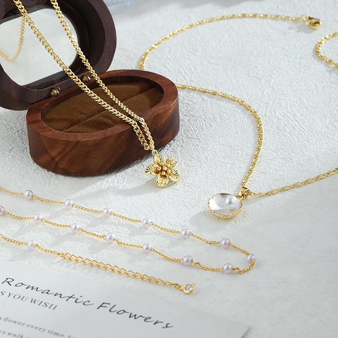 ASCOMY Gold Necklace for Women 14K Gold/Silver Plated Layered Necklaces Stackable Layering Cross Necklace Stacked Coin Pendant Pearl Herringbone Chain Stacking Gold Choker Trendy Jewelry Gift for Her