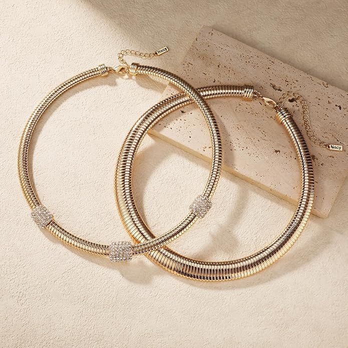 Chunky Stainless Steel Choker Necklace For Women, Gold Striped Flat Snake African Collar Exaggerated Necklace with Adjustable Chain Choker Jewelry for Women