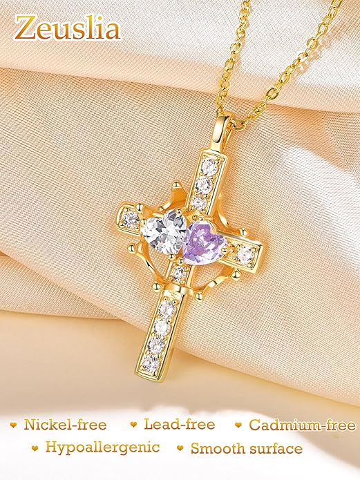 Zeuslia Double Birthstone Necklace Gifts for Wife - 925 Sterling Silver Sunflower/Rose/Crown Cross/Compass/Heart Pendant I Love You Necklace, Anniversary Birthday Gifts for Wife Girlfriend Mom Her