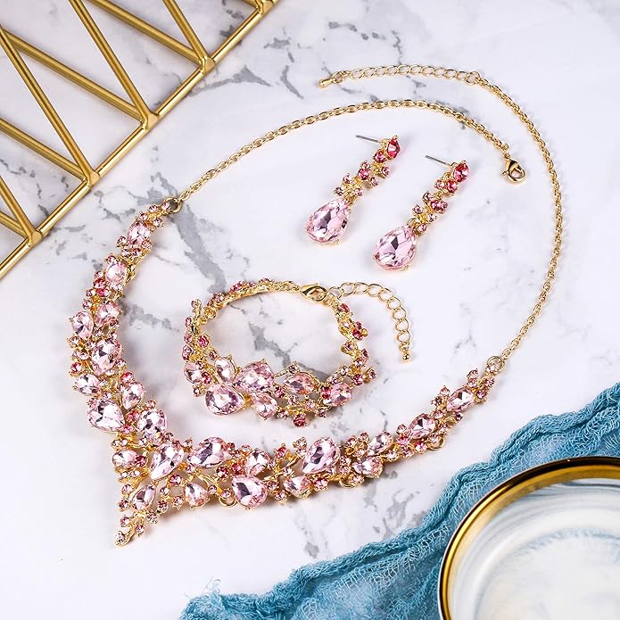 BriLove Wedding Bridal Jewelery for Women Austrian Crystal Teardrop Cluster Statement Necklace Dangle Earrings Link Bracelet Set