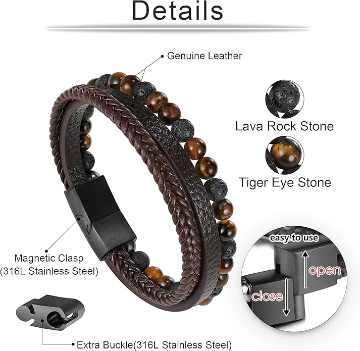 Gifts for Men - Layered Leather Beads Bracelet, Tiger Eye Lava Rock Stone Braided Leather Bracelets for Men Adjustable Magnetic Clasp Birthday Gifts