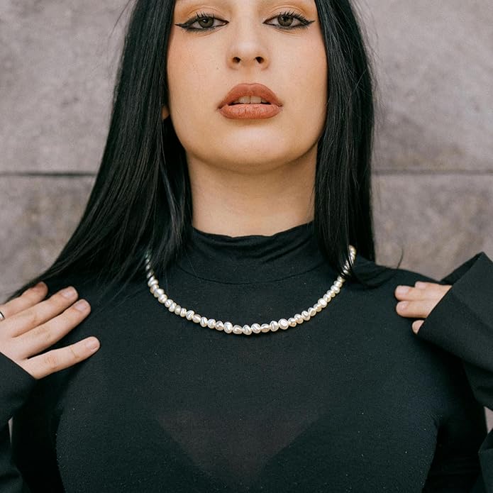 Natural Pearls Choker Necklace for Women Freshwater Baroque Pearl Strand Necklace Chain Cultured Baroque Pearl 18K Gold Plated & S925 Sterling Silver Clasp Choker