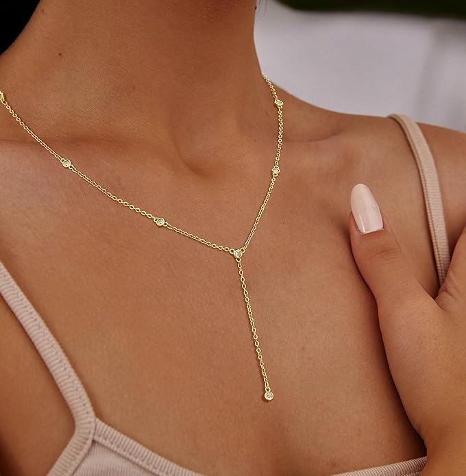 Lariat Gold Necklaces for Women Trendy Dainty Long Necklace 14k Gold Plated/Silver Layered Drop Beaded Chain Necklaces Y-shaped Pendant Necklace Simple Gold Jewelry Gifts