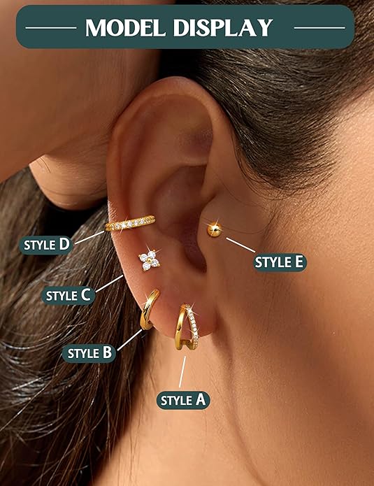 Florideco 925 Sterling Silver Earrings for Women Trendy Hypoallergenic Small Gold Hoop Earrings 14K Gold Plated Stud Earring Sets for Multiple Piercing CZ Ear Cuff Cartilage Earring Stacks