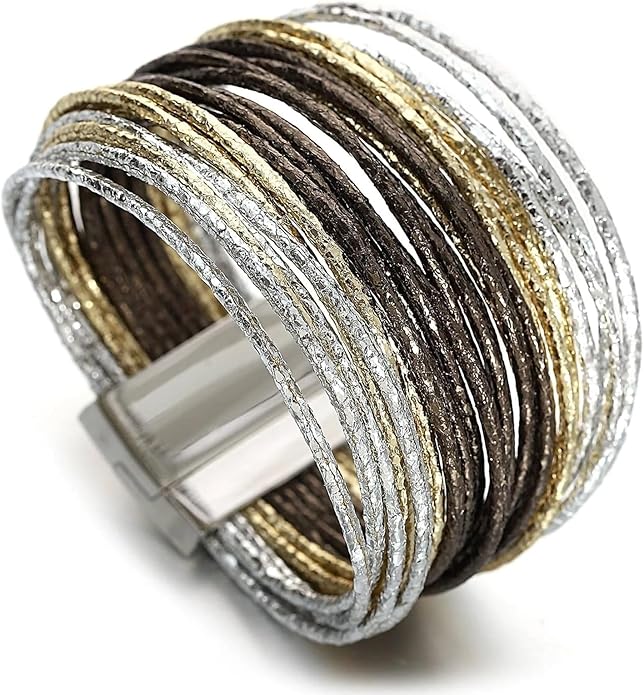 Fesciory Leopard Bracelet for Women, Boho Leather Wrap Multi-Layer Pearl Crystal Bracelet Bangle Jewelry