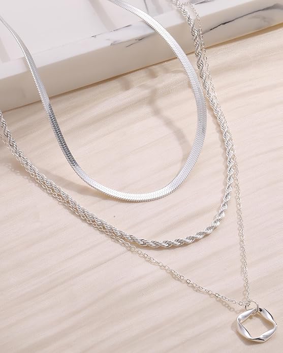 Layered Gold Silver Necklace for Women Non Tarnish,Dainty Choker Statement Chunky Necklace Stack Charm Pendant Chain Necklace Set 14K Gold Plated Long Stacked Womens Necklaces Trendy Jewelry Gift