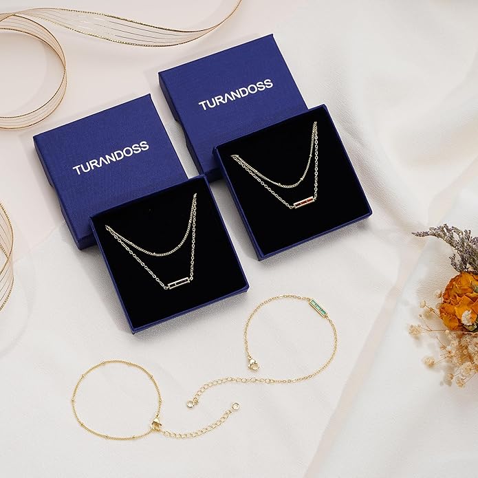 Turandoss Birthstone Necklace for Women, Dainty 14K-Gold-Plated 12 Months Birthstone Layered Necklaces, Trendy Birthday Jewelry Gifts for Women Teen Girls