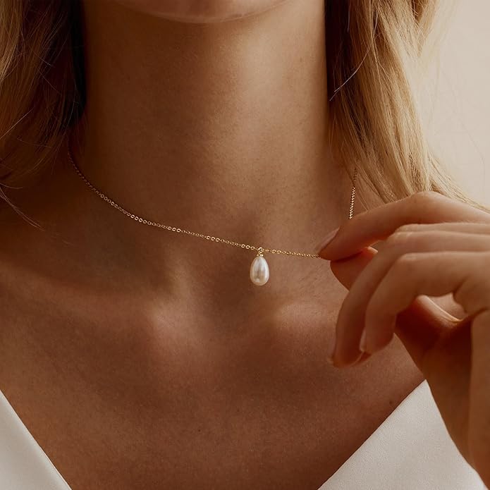 Pearl Necklace for Women Trendy,14k Gold Plated Necklace Dainty Wedding Necklace Small Cute Choker Necklace Beaded Lariat Drop Necklace Vintage Waterproof Jewelry for Women Gold Jewelry Fashion Gifts