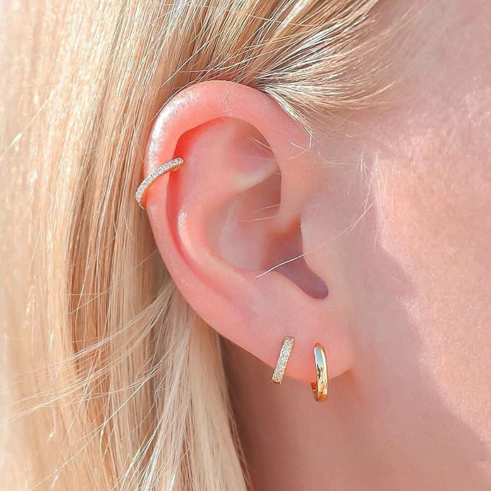 micuco 3 Pairs Small Hoop Earrings Set for Women, 14K Gold Plated Huggie Hoop Earrings for Men, Tiny Cartilage Hypoallergenic Earring Set