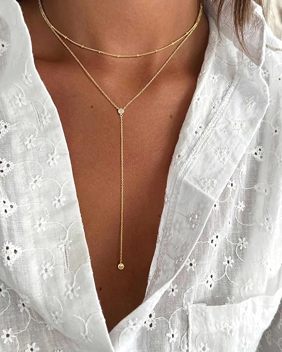 Ursteel Dainty Lariat Necklace for Women, 14K Gold Plated Y-Shaped Long Necklace Layered Drop Necklaces Pearl Cross Clover CZ Charm Necklaces for Women Christmas Jewelry Gifts Stocking Stuffers