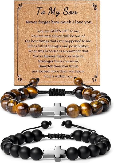 Romass 2Pcs Cross Bracelet for Men,Tiger Eye Beaded Bracelets 8MM Natural Stone Adjustable Jewelry Christian Easter Christmas Gifts Box