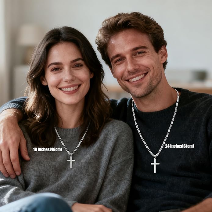 MILACOLATO 925 Sterling Silver Cross Necklace Men - Beveled Edge Cross Pendant with 5mm 316L Stainless Steel Cuban Link Curb Chain Crucifix Necklaces Silver Jewelry for Men Women, 18-30'' Christian Baptism Gift