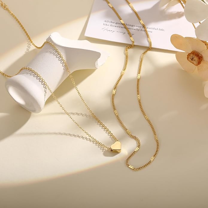 Layered Gold Necklace for Women Trendy 14K Gold Plated Heart CZ Pendant Layered Gold Necklaces Set Coin Choker Necklaces Simple Circle Cubic Zirconia Pearl Necklace Stack Herringbone Paperclip Chain Jewelry Set