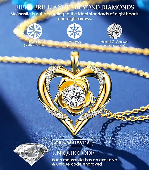 Beam & Bask Rose Flower Heart Moissanite Necklaces for Wife, S925 Silver Pendant for Women, 18K Gold Plated Jewelry for Her Girlfriend Mom for Anniversary Birthday