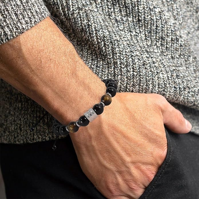 Hamoery Bracelets for Men Natural Tiger Eye Stone Beads Braided Rope Bracelet Gift for Dad Husband