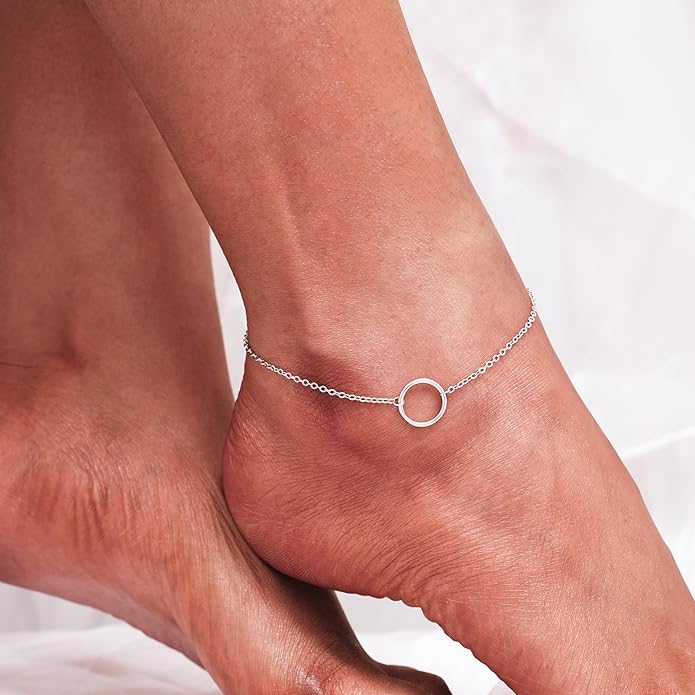 CHIC & ARTSY 925 Sterling Silver Ankle Bracelet Multilayer Anklets for Women Satellite, Star, Cross, Circle, Butterfly, Teardrop, Oval Disk Layered Anklet Beach Jewelry