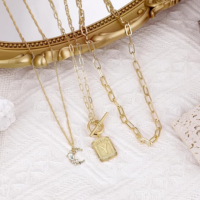 MJartoria Layered Initial Necklaces for Women Trendy, 14K Gold Plated Brass Simple Moon Choker Square Letter Pendant Necklace, Paperclip Chain Necklaces Jewelry Gifts