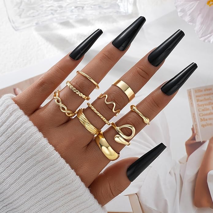 FAXHION Gold Knuckle Rings Set for Women Snake Chain Stacking Ring Vintage BOHO Midi Rings SIze Mixed