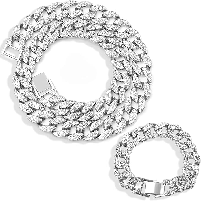 EMESLY Miami Cuban Link Chain 14K Gold Plated Necklace (16, 18, 20, 22, 24, 30 Inches Length); Hip Hop Bracelet (8" Length) for Men & Women; Perfect Iced Out Bling Jewelry Gift