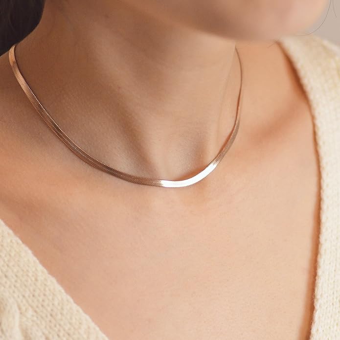 Freekiss Herringbone Necklace for Women,Dainty Gold Necklace,14k Gold Plated Snake,Gold Chain Choker Necklaces,Simple Gold Layered Necklaces,Gold Jewelry Gift for Women