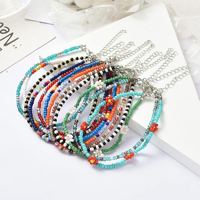 XIJIN 8Pcs Handmade Beaded Anklets for Women Boho Colorful Beads Ankle Bracelets Adjustable Foot Anklet Set