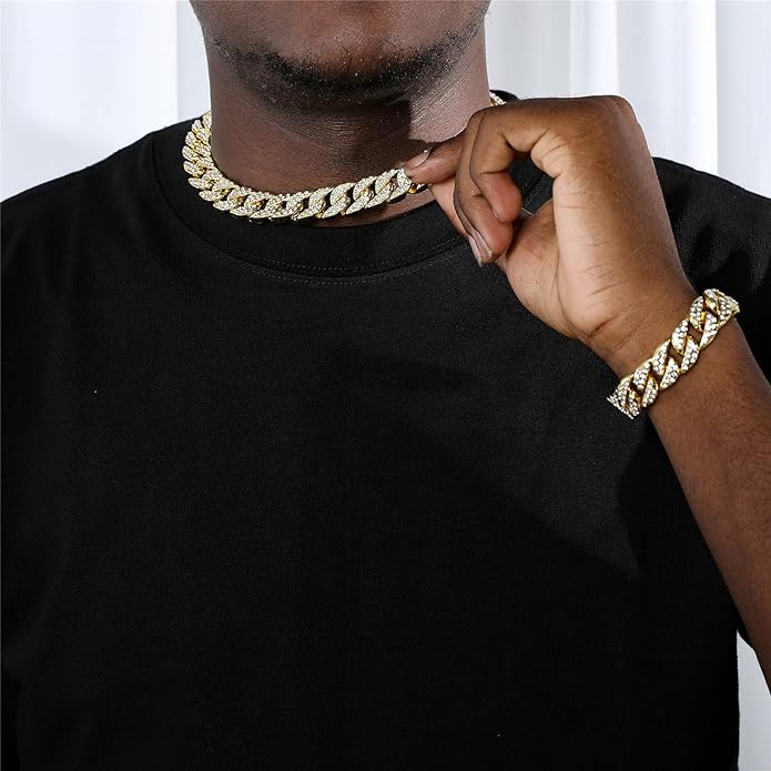 Saintda Cuban Link Chain and Bracelet Set for Men Women Iced Out Diamond Gift for Boys Hip Hop Rapper Jewelry