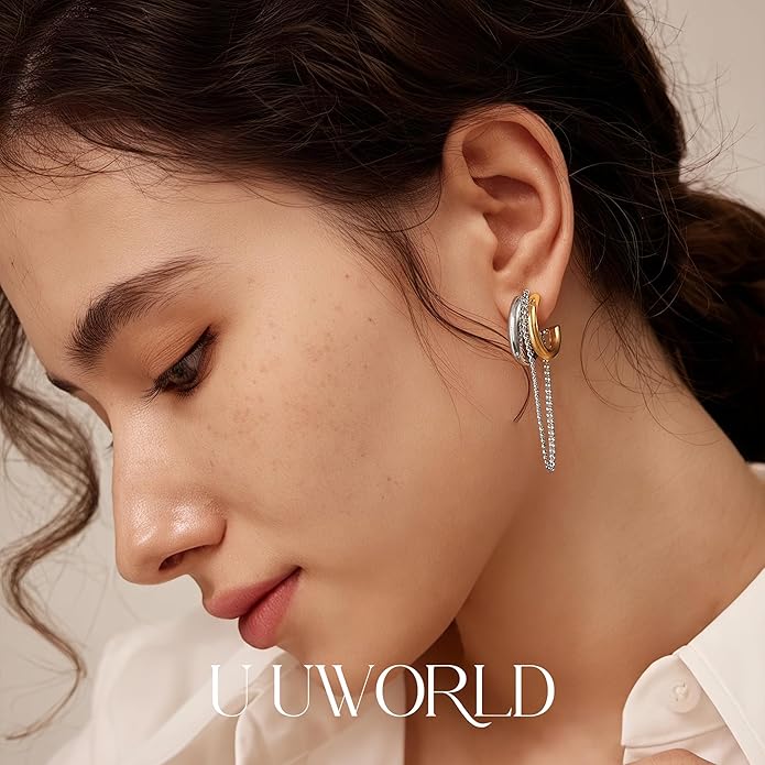 18K Gold Plated Hoop Earrings Gold and Silver Trendy Two Tone Dangling Chain Earrings,Waterproof Stainless Steel Hypoallergenic Earring,Statement Earrings for Daily Wear,Party,Birthday Jewelry Gifts