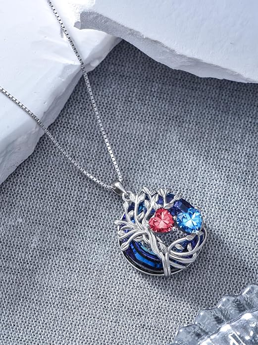 TOUPOP s925 Sterling Silver Family Celtic Tree of Life Pendant Necklaces with 2 Heart Birthstone with Blue Austrian Crystal Jewelry Birthday Anniversary Christmas Gifts for Her Wife Girlfriend Mom (18K Real White Gold Filled)