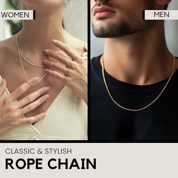 KISPER Solid 18K Gold Over 925 Sterling Silver Italian Diamond-Cut 1.5mm Braided Rope Chain Necklace - for Men & Women with Lobster Clasp - Made in Italy