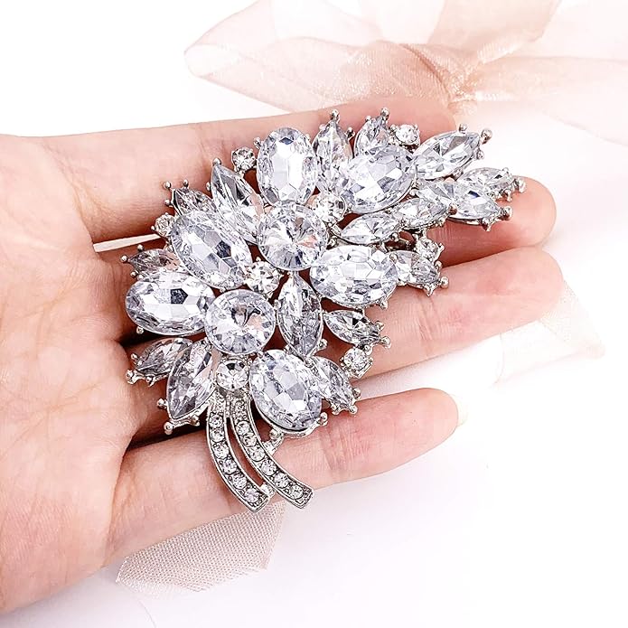 LAXPICOL Vintage Green Austrian Crystal Flower Leaf Bouquet Clusters Large Big Brooch Pin for Women Gold Tone