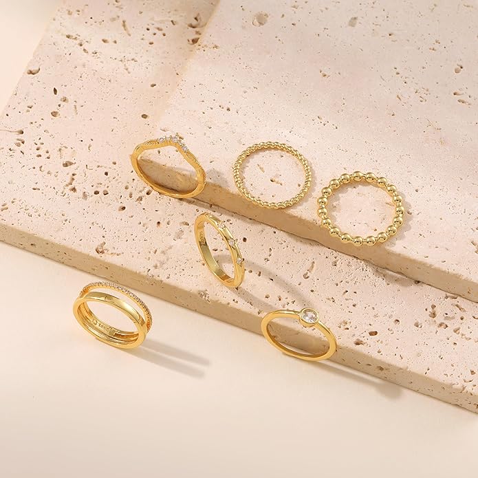 LOFITOR 6PCS Stackable Gold Rings for Women Non Tarnish Trendy Dainty 14K Gold Filled Stacking Cubic Zirconia Thumb Ring Set Pack Statement Chunky Band Rings Promise Engagement Rings Size 6-10
