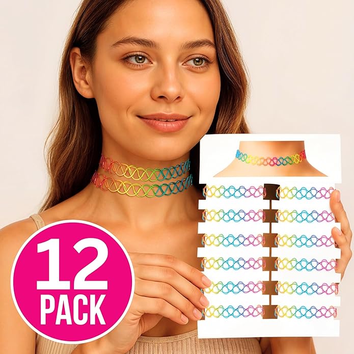 BodyJ4You 12PC Tattoo Choker Necklace - 90s Accessories 2000s Jewelry Y2K Fashion Vintage Trendy - Rainbow Goth Black Pink Green Blue White - Adjustable Stretchy Elastic Necklace Summer Vacation Set