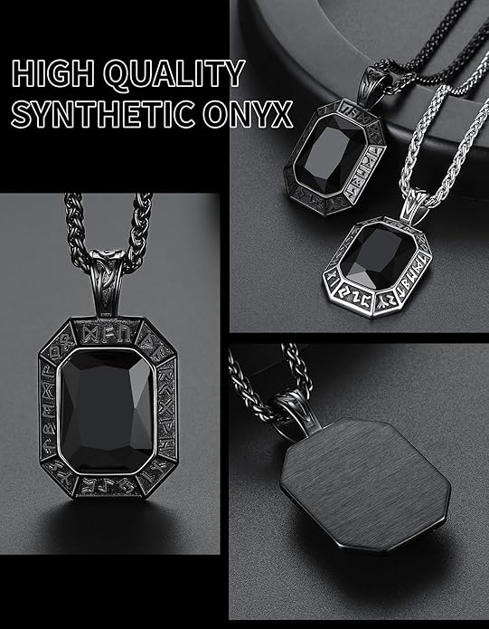 ChainsHouse Viking Rune Pendant Necklace for Men Women, Punk Biker Black Metal/316L Stainless Steel Onyx Norse Vintage Amulet Necklaces with Black/Red/Green/Blue Gemstone, Send Gift Box