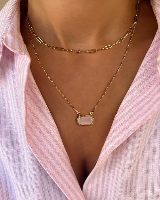 Lourny Gemstone Birthstone Pendant Layered Necklace for Women Trendy, 18K Gold Plated Paperclip Chain Preppy Choker Charm Necklace for Women Wife Jewelry