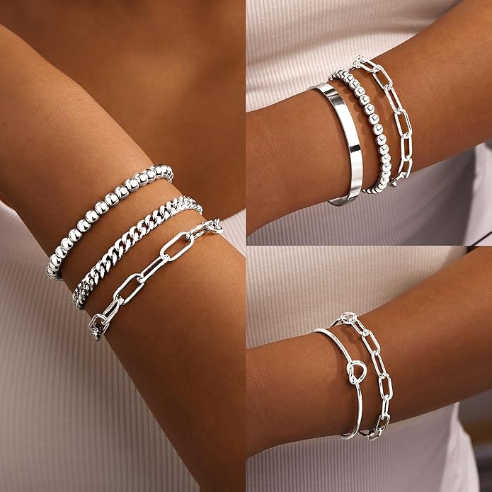 Gold Bracelets for Women Non Tarnish, 14K Gold Plated Chunky Cuff Bracelet Gold Bangles Bracelet for Women Trendy Tie Knot Cuban Rope Paperclip Beaded Bracelet Stack Jewelry Gifts