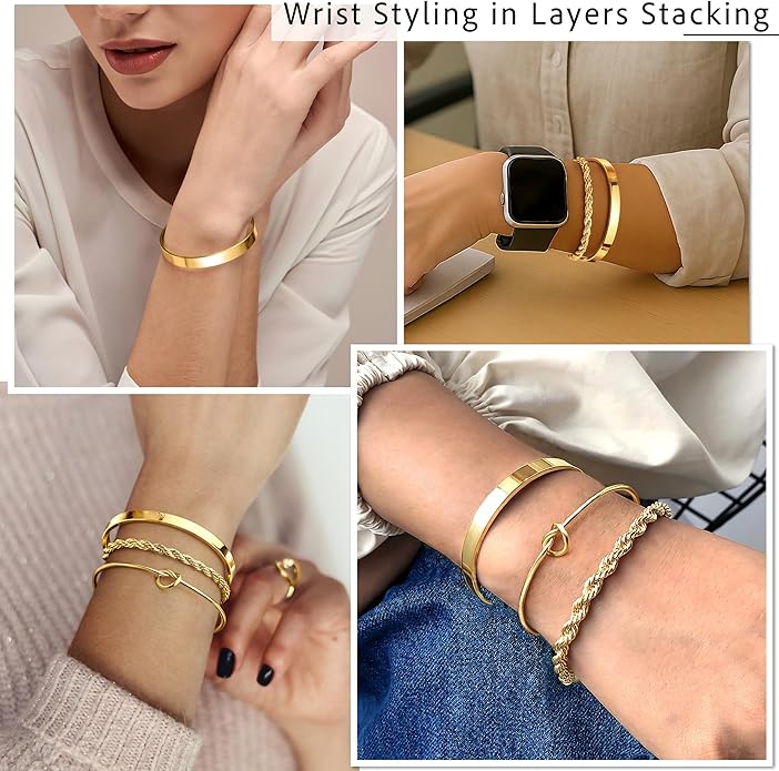 Silver Bracelets for Women Stack, Silver or Gold Plated Cuff Bangle Set, Trendy Silver Jewelry for Women Fashion