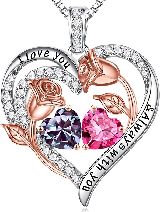 Iefil Birthstone Necklace for Women - 925 Sterling Silver Rose Heart Birthstone Necklace Birthday Anniversary Jewelry Gifts for Her Wife Mom Daughter