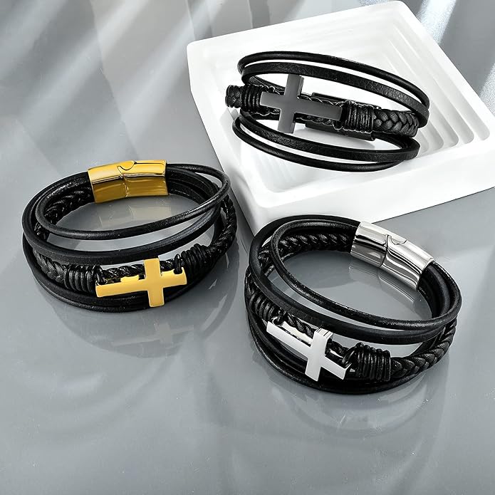 Fahonie Cross Leather Bracelet for Men Women 316L Stainless Steel with 18K Gold Plated Christ Jesus Multi-layer Handmade Christian Bracelet,7.5/8/9 Inches