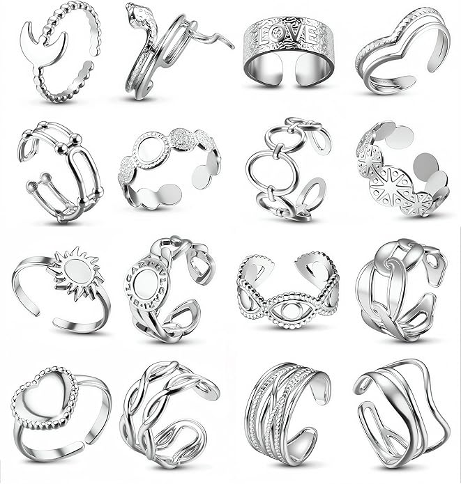 LOLIAS 16Pcs Stainless Steel Rings for Women Chunky Silver Rings Non Tarnish Stackable Ring Open Adjustable Thumb Finger Statement Rings Set