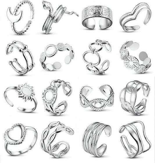 LOLIAS 16Pcs Stainless Steel Rings for Women Chunky Silver Rings Non Tarnish Stackable Ring Open Adjustable Thumb Finger Statement Rings Set