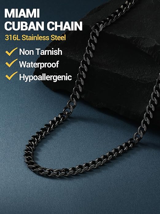 PROSTEEL Miami Cuban Link Chain for Men, 18K Gold/Black/Stainless Steel Necklace,6mm/9mm/12mm Width, Upgrade Clasp & Durable Chain for Mens Womens Jewelry,18"-30",with Gift Box