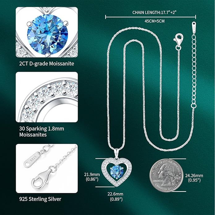 31-Stone Birthstone Heart Necklace for Women | 2ct Moissanite & 30 Sparkling Accents | Valentine's Day, Birthday,Mother's Day, Christmas Gift for Wife, Mother, Girlfriend