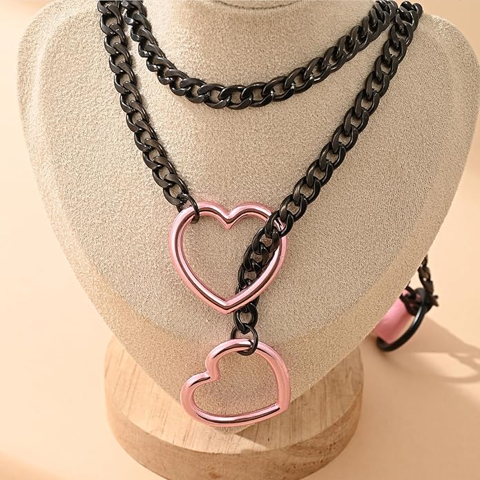 Leather Choker Slip Chain Necklace Stainless Steel Cuban Link Long Necklaces Gothic Punk Heart Chain Necklace Handmade Collars for Women