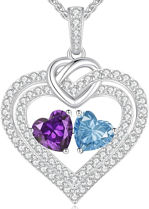 LOUISA SECRET Sparkling Double Heart Birthstone Necklaces for Women, 925 Sterling Silver Fine Jewelry, Pendant Heart Necklaces Birthday Anniversary Christmas Gift for Women Wife Mom Girlfriend Lady