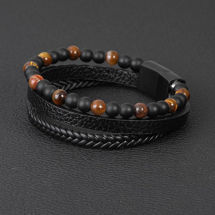 Gifts for Men - Layered Leather Beads Bracelet, Tiger Eye Lava Rock Stone Braided Leather Bracelets for Men Adjustable Magnetic Clasp Birthday Gifts