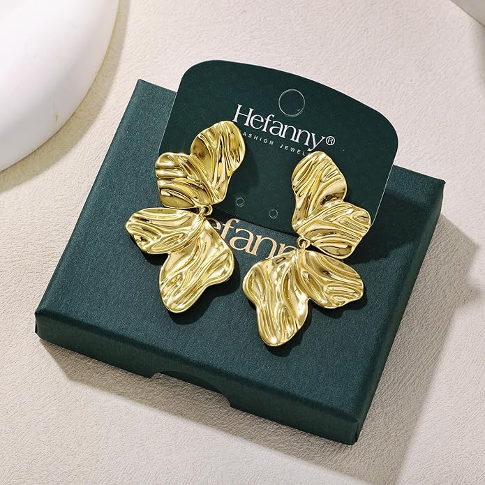 Hefanny Large Hammered Teardrop Dangle Earrings Geometric Chunky Flower Earrings Women's Trendy Statement Jewelry Multiple Styles