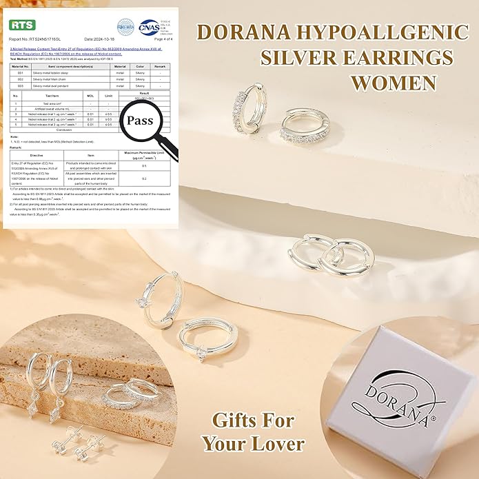 DORANA Valentines Day Gift 3 Pairs 925 Sterling Silver Earrings for Women Girls Non Tarnish Small Hypoallergenic Huggie Hoops Cartilage Stack Earring Sets for Multiple Piercing