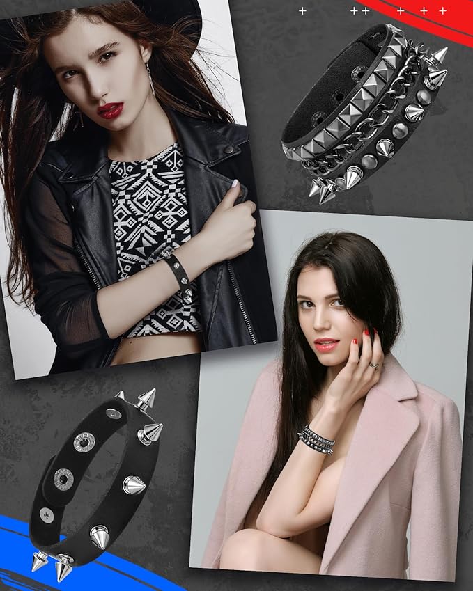Hicarer 9 Pieces Spiked Studded Bracelet Black Leather Rivet Punk Bracelet Cuff Wrap Bangle Snap Button Metal Wristband for Men Women